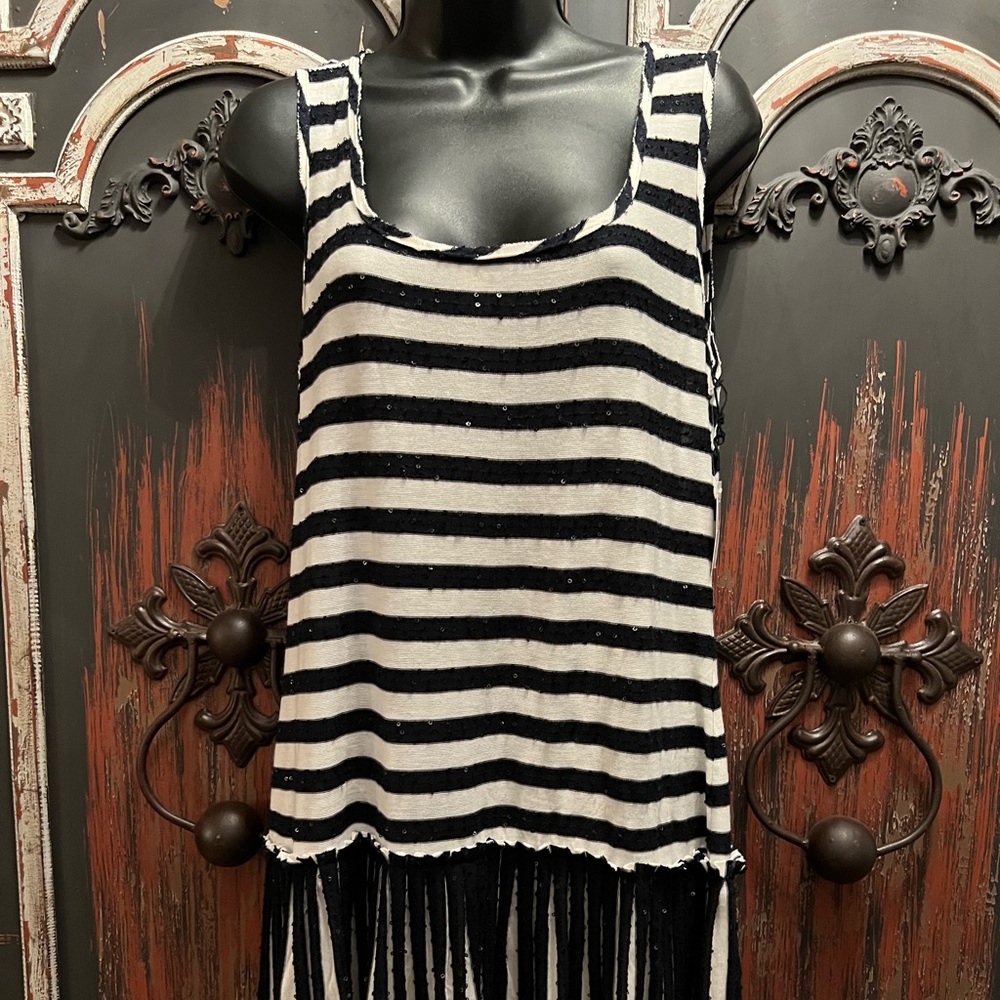 Donna Morgan navy & white stripe sequin pleated dress.